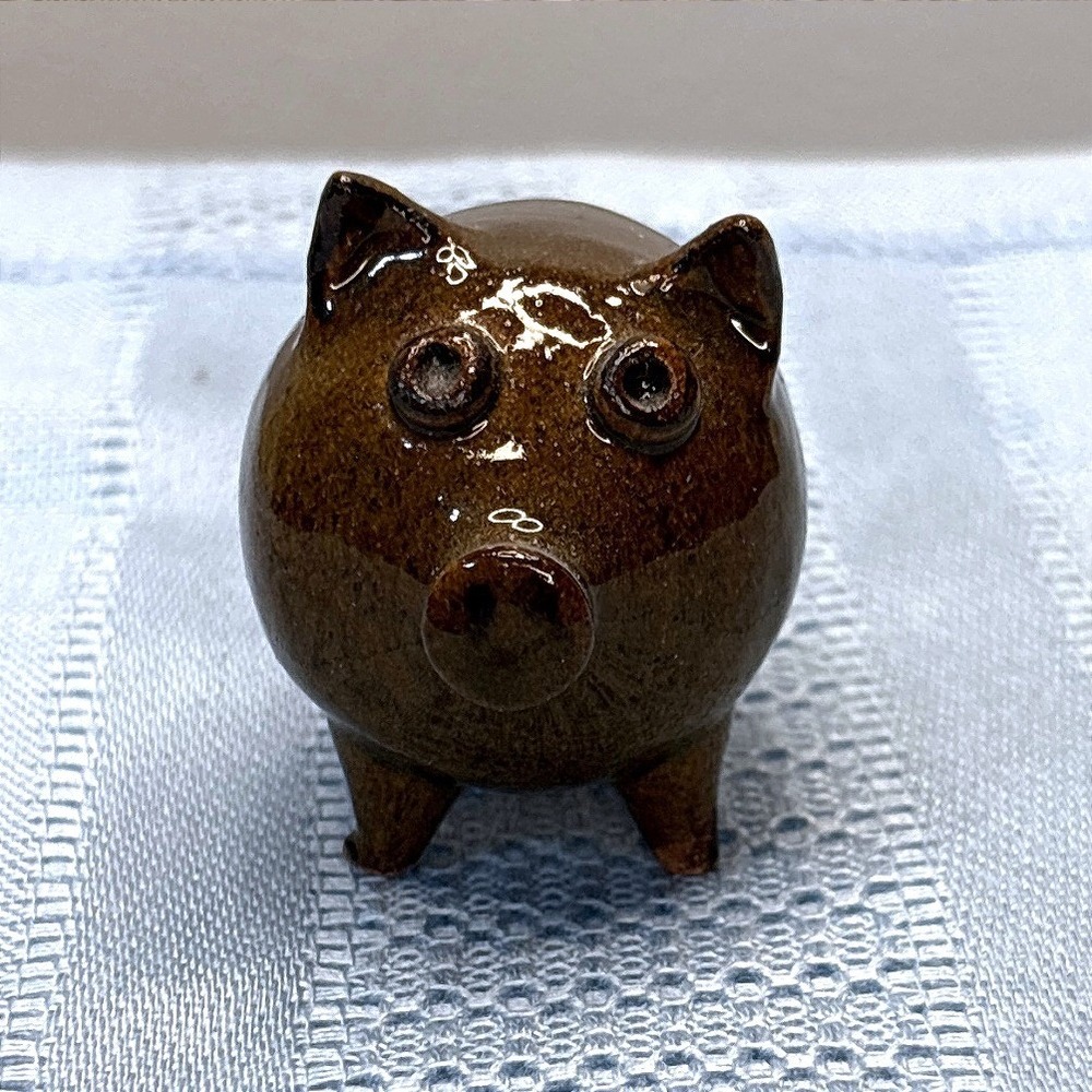 Vintage Studio Pottery Brown Glazed Pig Figurine Miniature Handmade Ceramic
